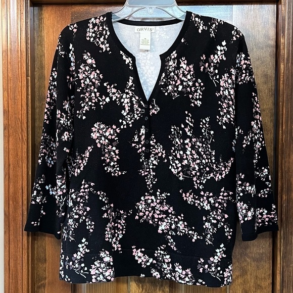 Orvis Cotton Knit 3/4‎ Sleeve Pullover Sweater Top Sz M Black Pink Floral EUC - Picture 10 of 11